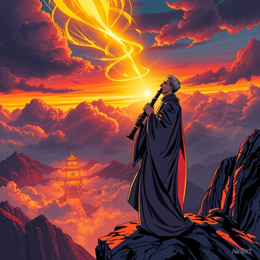 Oboe Player's Twilight Prayer in Comic Book Style