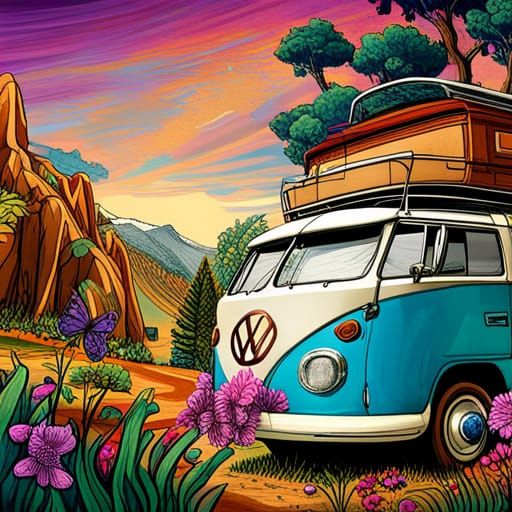 Hippies Outside VW Van with Flowers: Digital Art