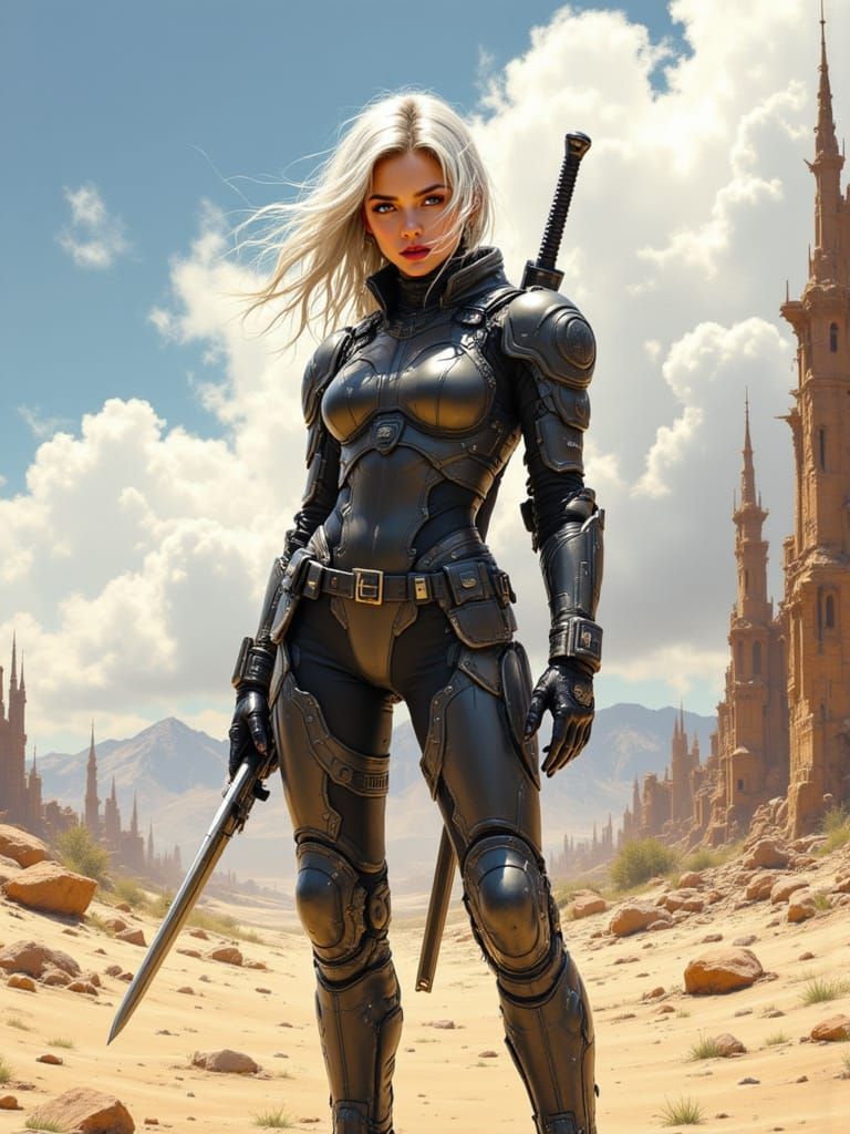 Cyberpunk Warrior Empresses Ancient Desert Ruins
