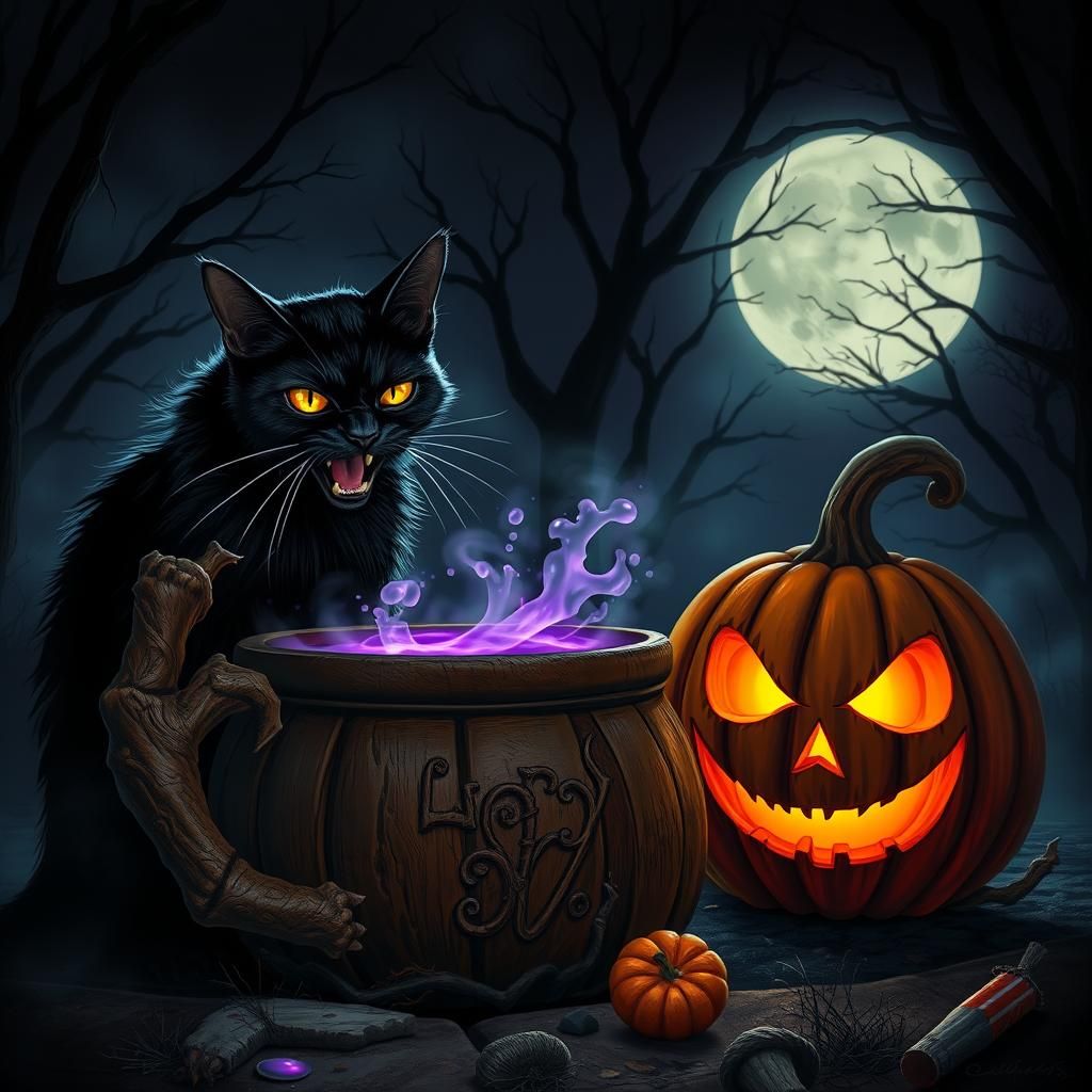 Eerie Black Cat in a Gothic Horror Scene