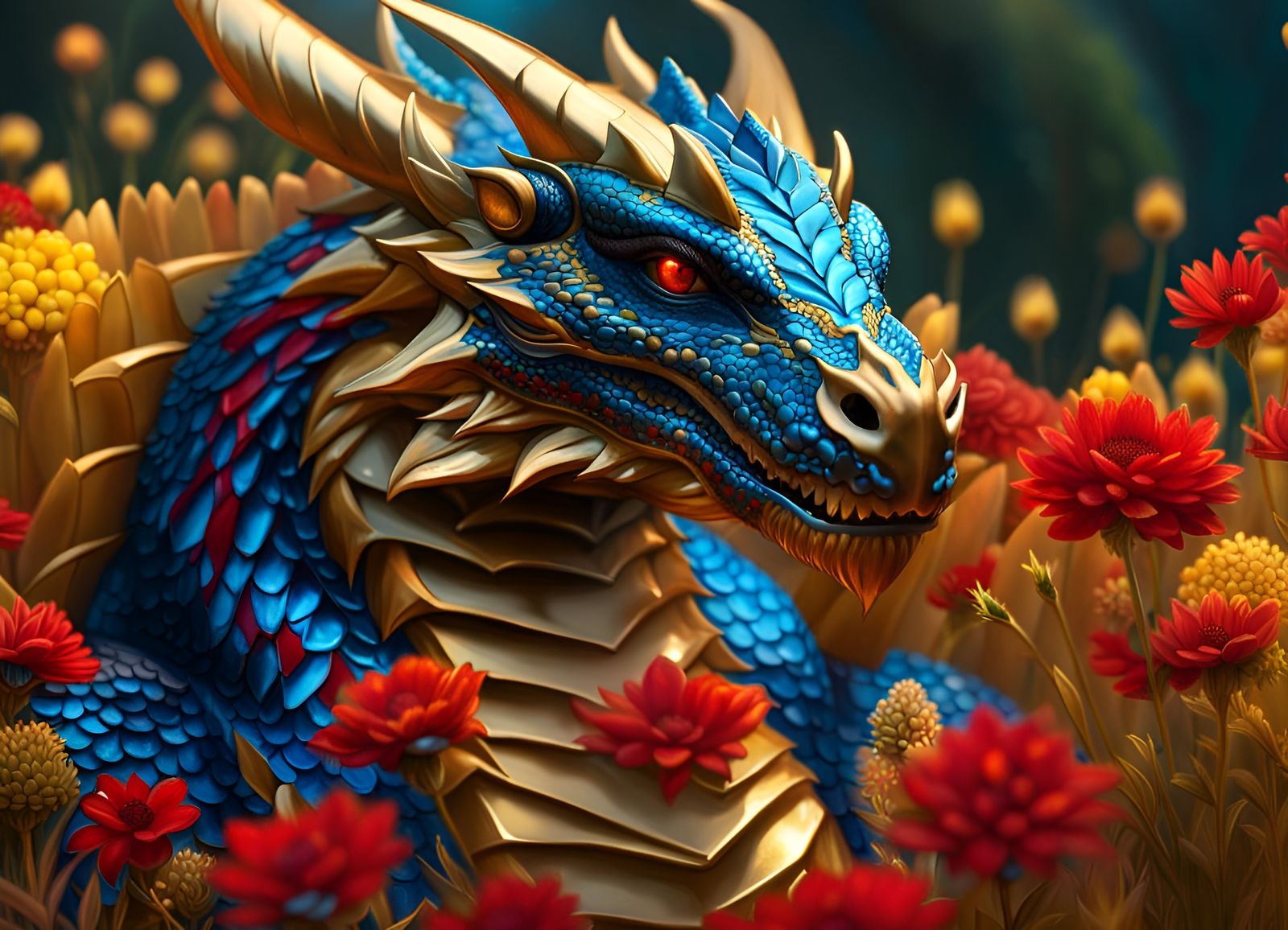 Armored Dragon in Golden Meadow: Hyperrealistic Fantasy Art