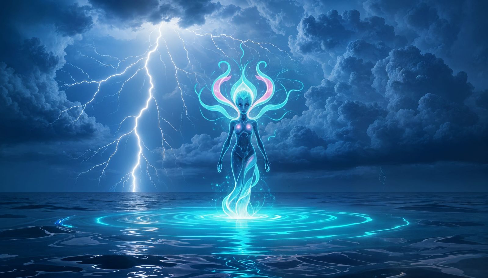 Alien on Glowing Ocean Under Cosmic Storm