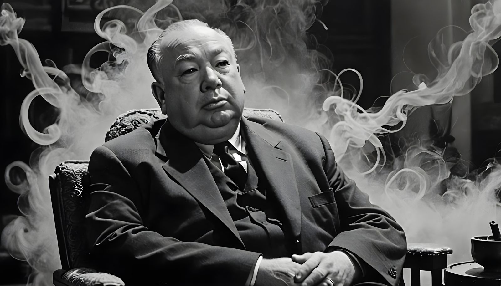 Hitchcock as Buddha: Black and White Photo