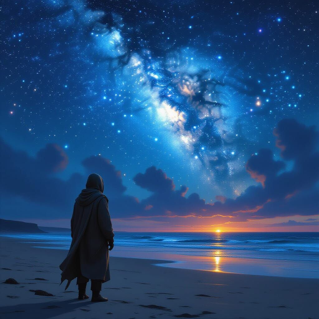 Figure Gazes at Cosmic Night Sky on Deserted Beach