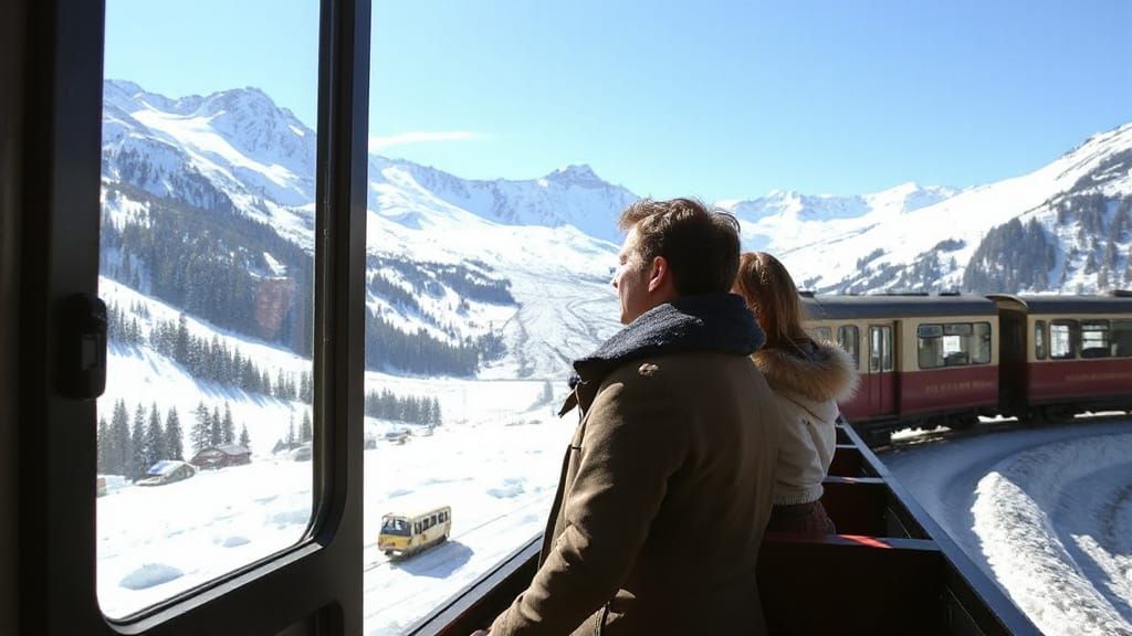 Couple Awestruck by Winter Train Journey Through Swiss Alps