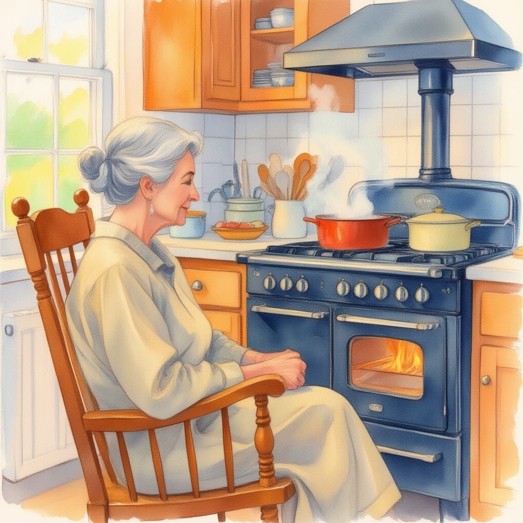 Old Woman by Kitchen Stove in Rocking Chair