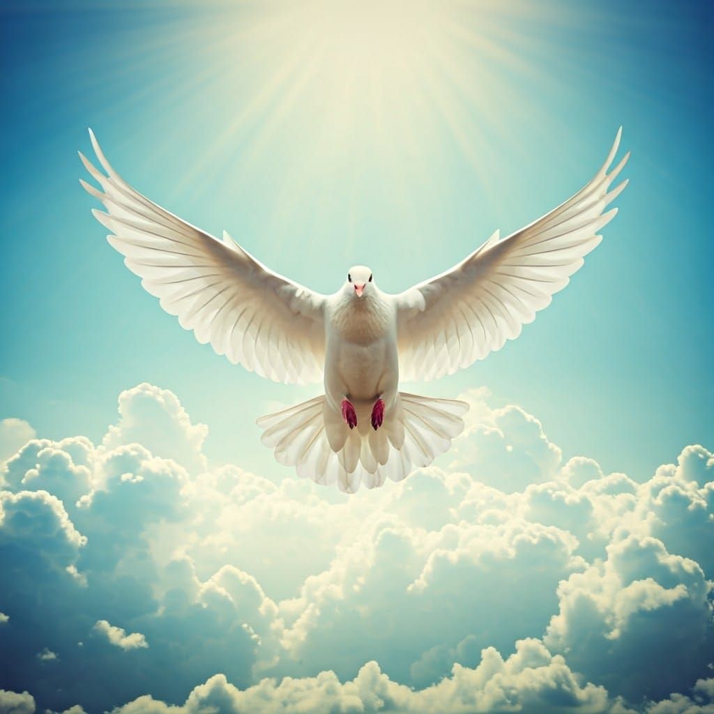 Majestic Dove Soars Through Radiant Light Blue Sky