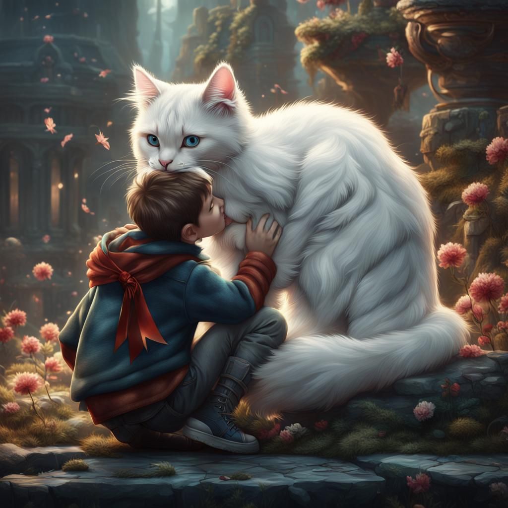 Boy and White Cat: Detailed Matte Painting