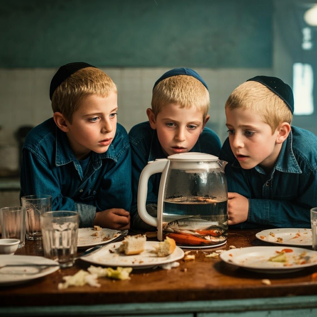 Jewish Boys Gaze at Transparent Kettle in Cozy, Film-Noir In...