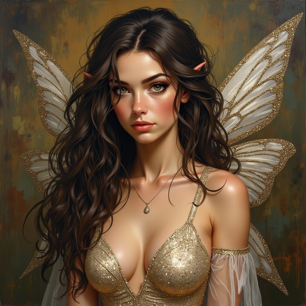 Curvy Brunette Fairy in Sparkly Dress, Fantasy Art
