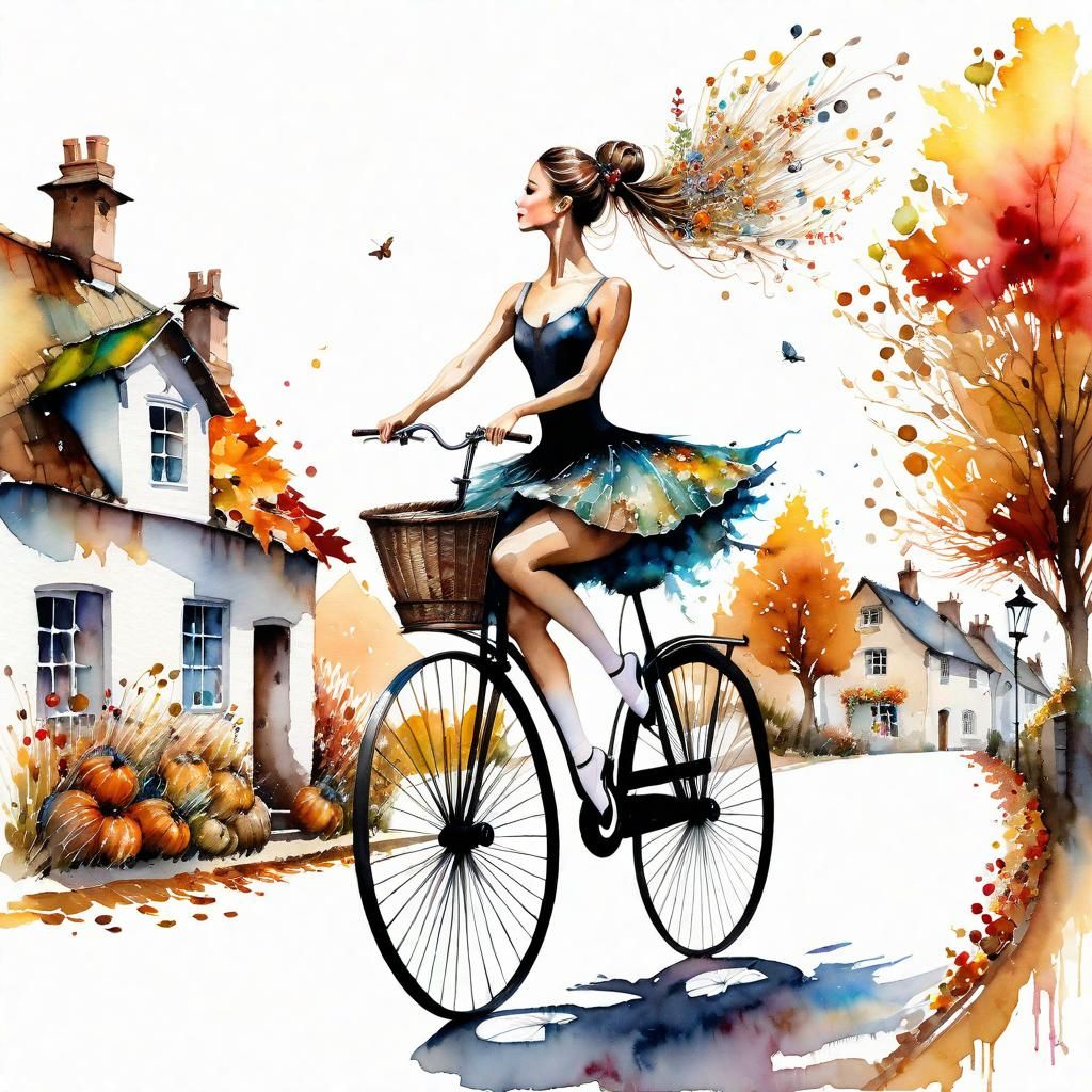 Ballerina Rides Penny-Farthing: Autumn Gouache Painting