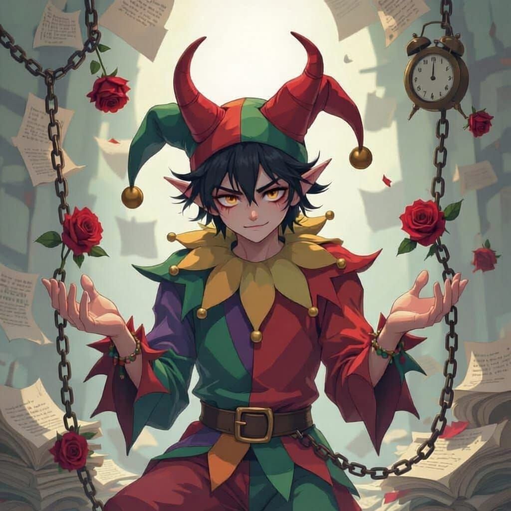 Overworked Jester Devil in Vibrant Anime Style