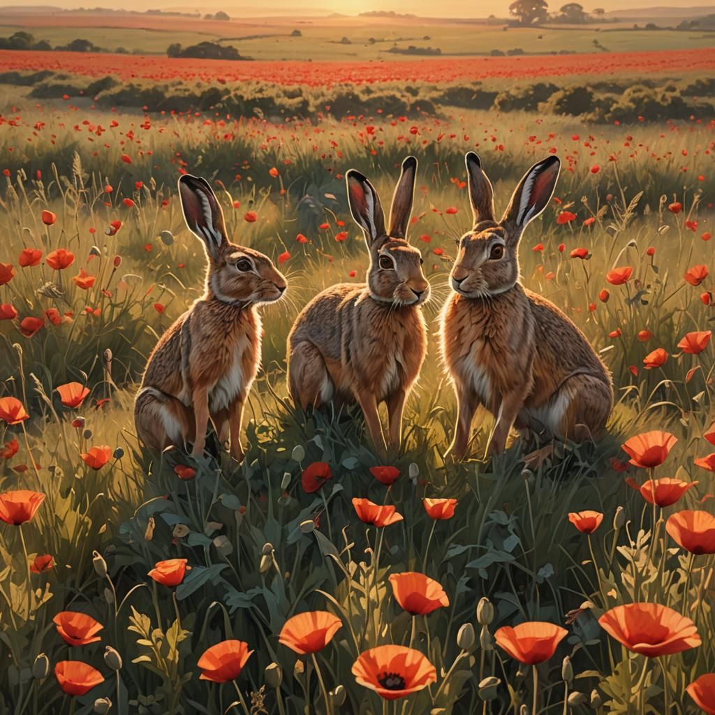 Hares Meeting at Sunrise in Poppy Field