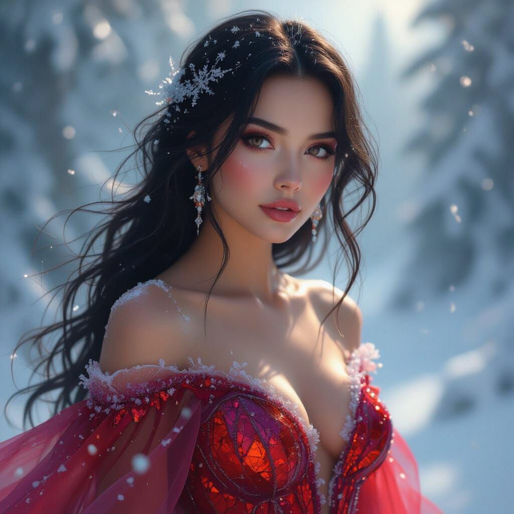 Mystical Woman with Crystal Dress in Ethereal Landscape