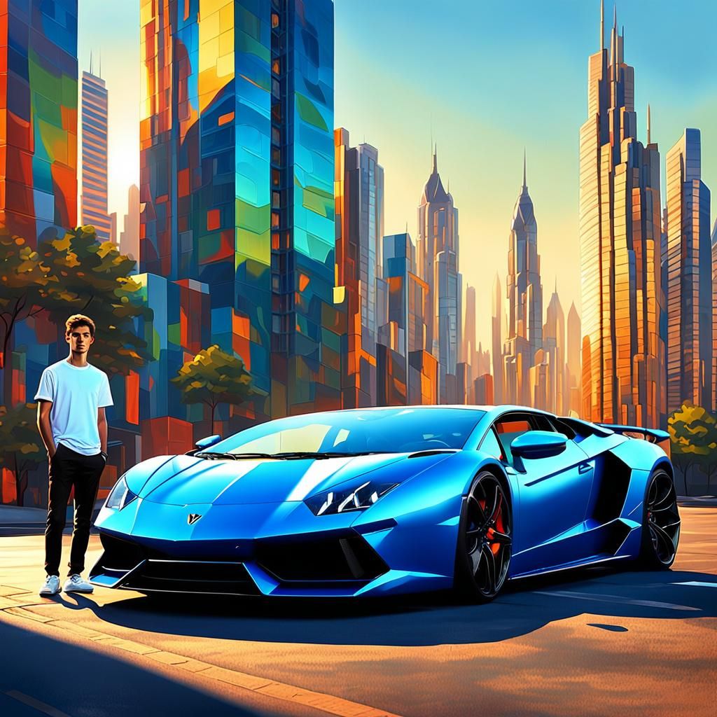 Blue Lamborghini Sports Car in Stylized Oil Painting
