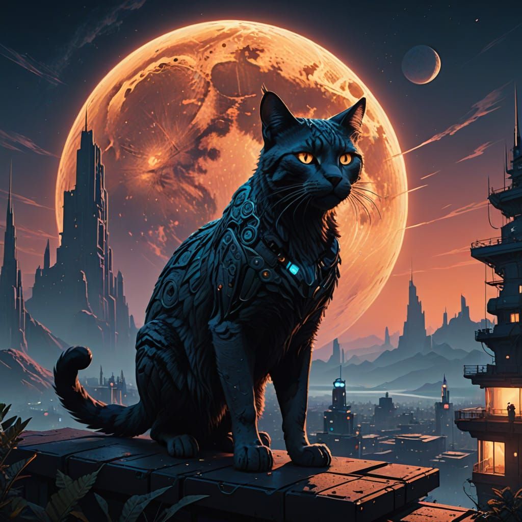 Majestic Feline Silhouette Under Full Moon