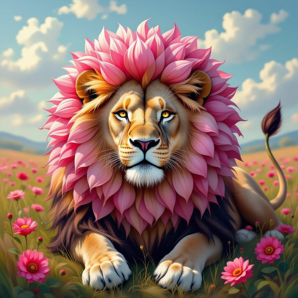 Lion with Flower Petal Mane in Surrealist Oil Painting Style
