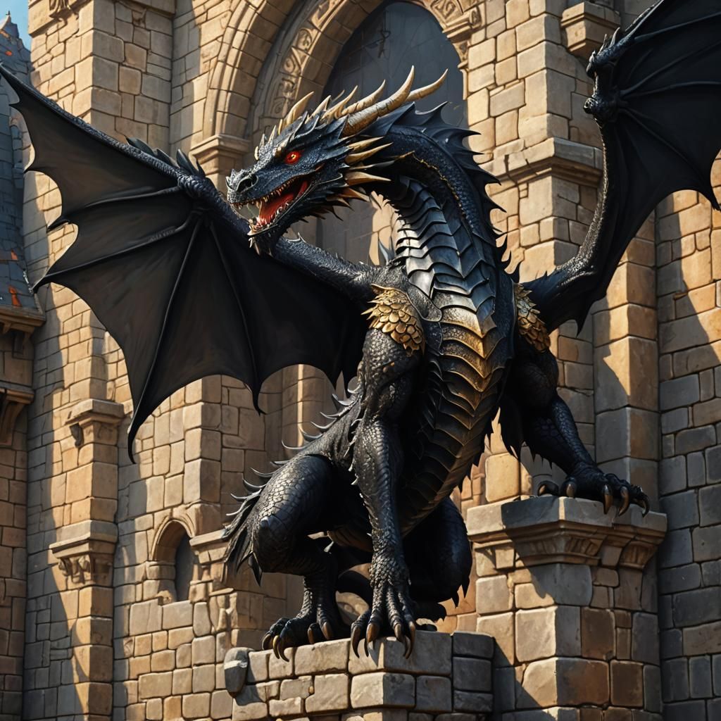 Black Dragon Perched on Medieval Castle Wall