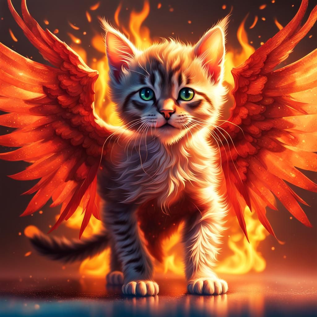 Fiery Winged Kitten: Hyperrealistic Splash Art