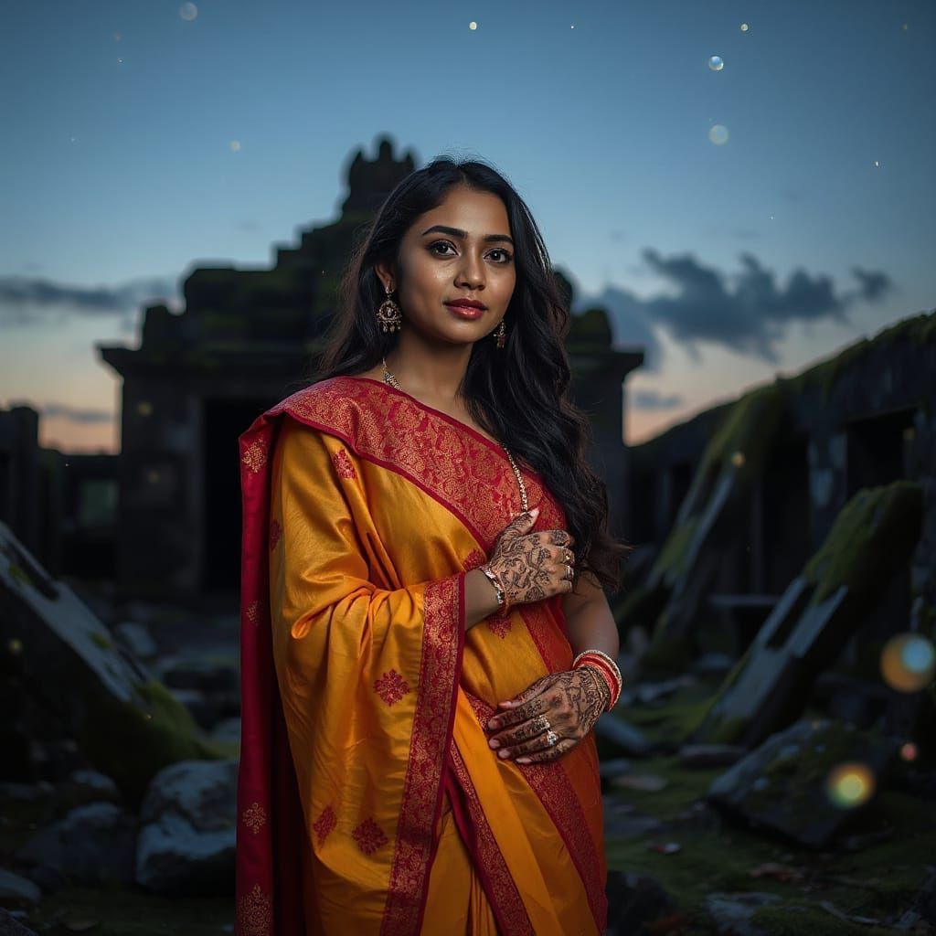 Filipina Woman in Sari Amidst Ancient Ruins