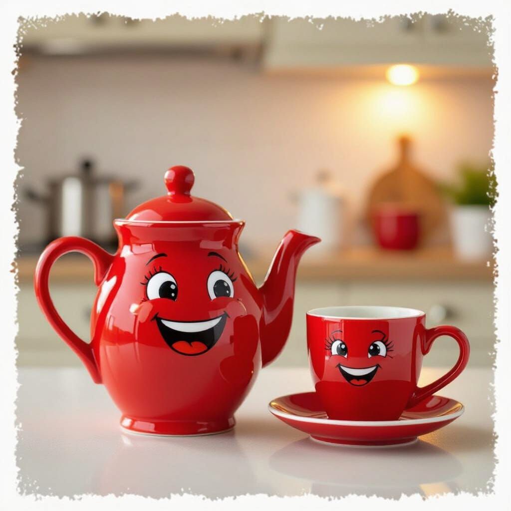 Smiling Red Teapot and Cup in Cartoon Style