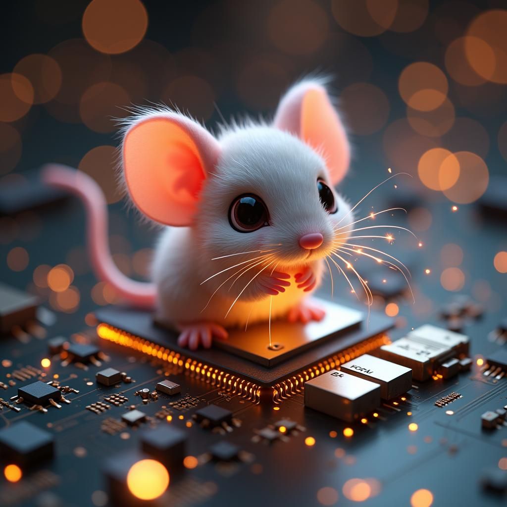 Chibi Circuit Mouse on Glowing Computer Board