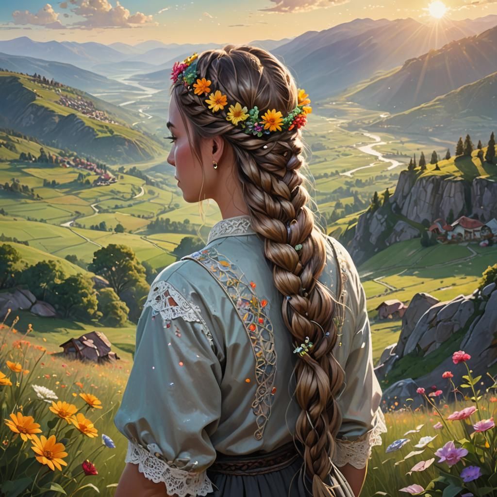 Magical Woman with Braids Overlooking Valley