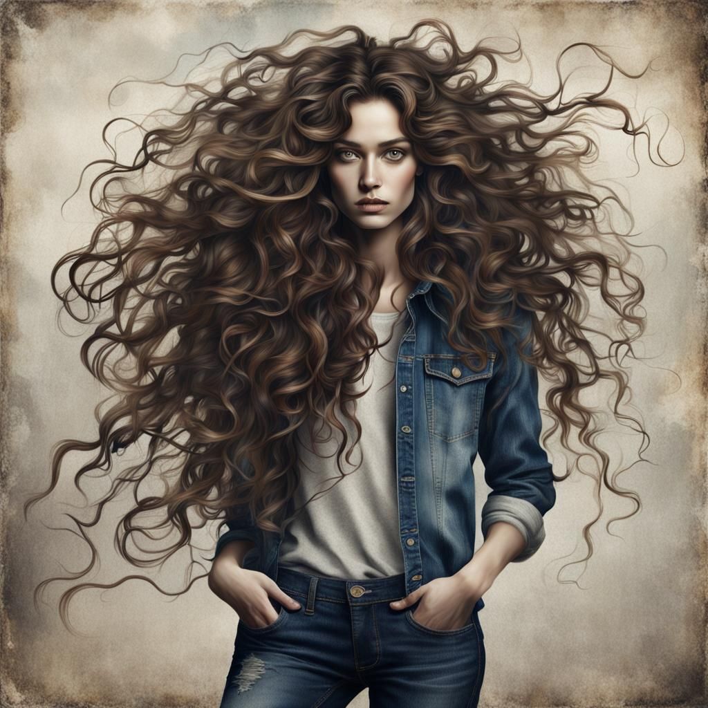 Surrealist Portrait of a Woman with Brown Curls
