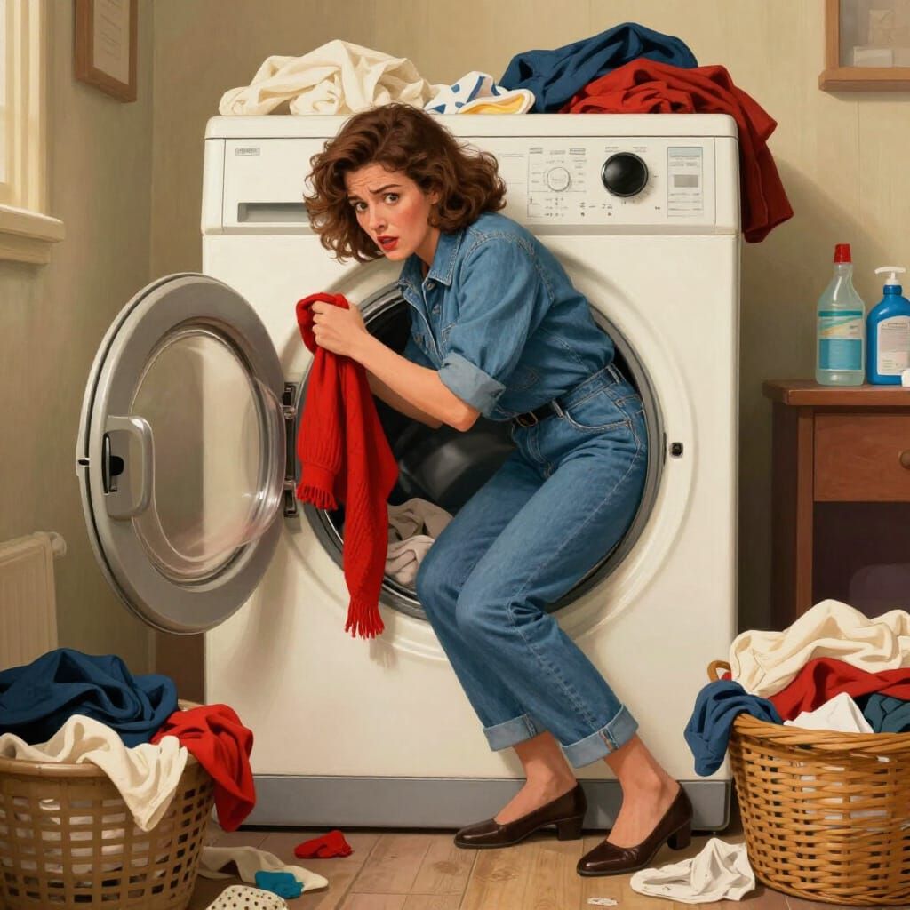 Woman Stuck in Vintage Washing Machine in Humorous Scene