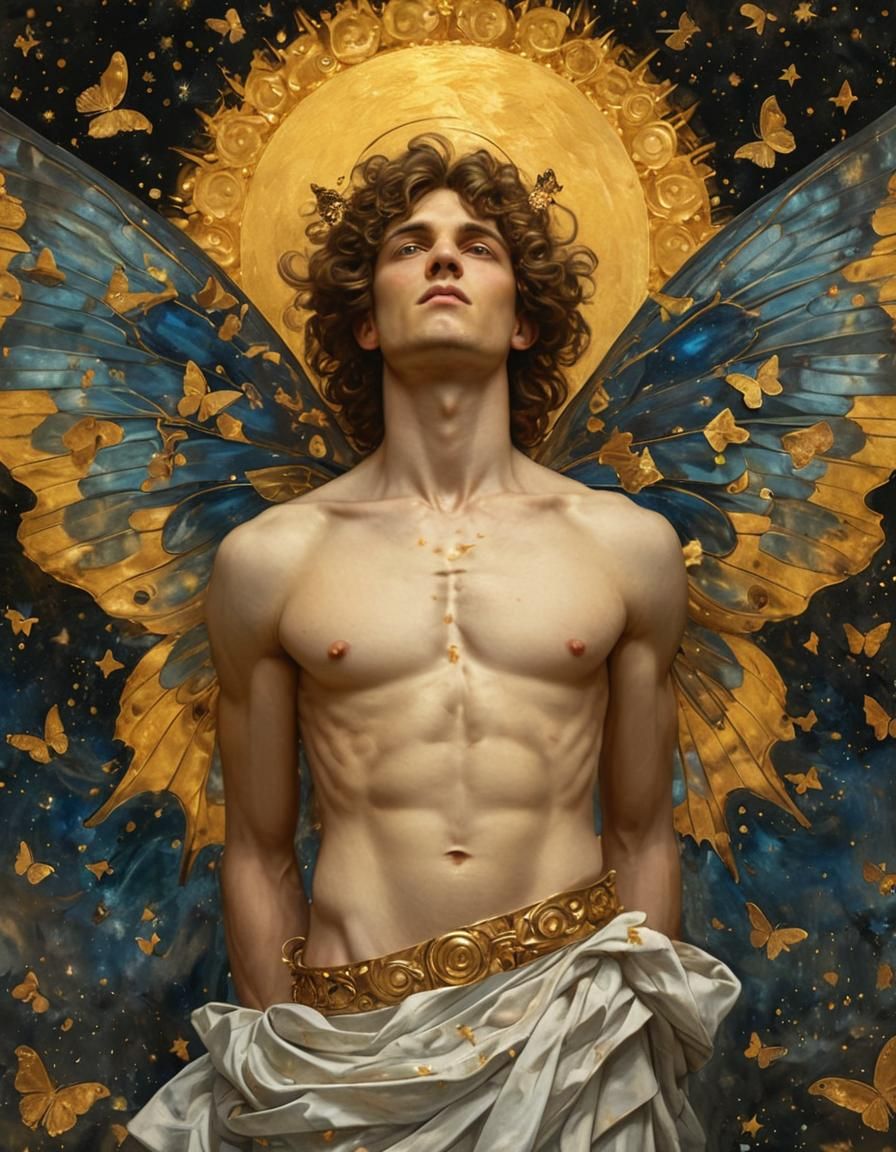 Celestial Man with Golden Halo in Klimt Style