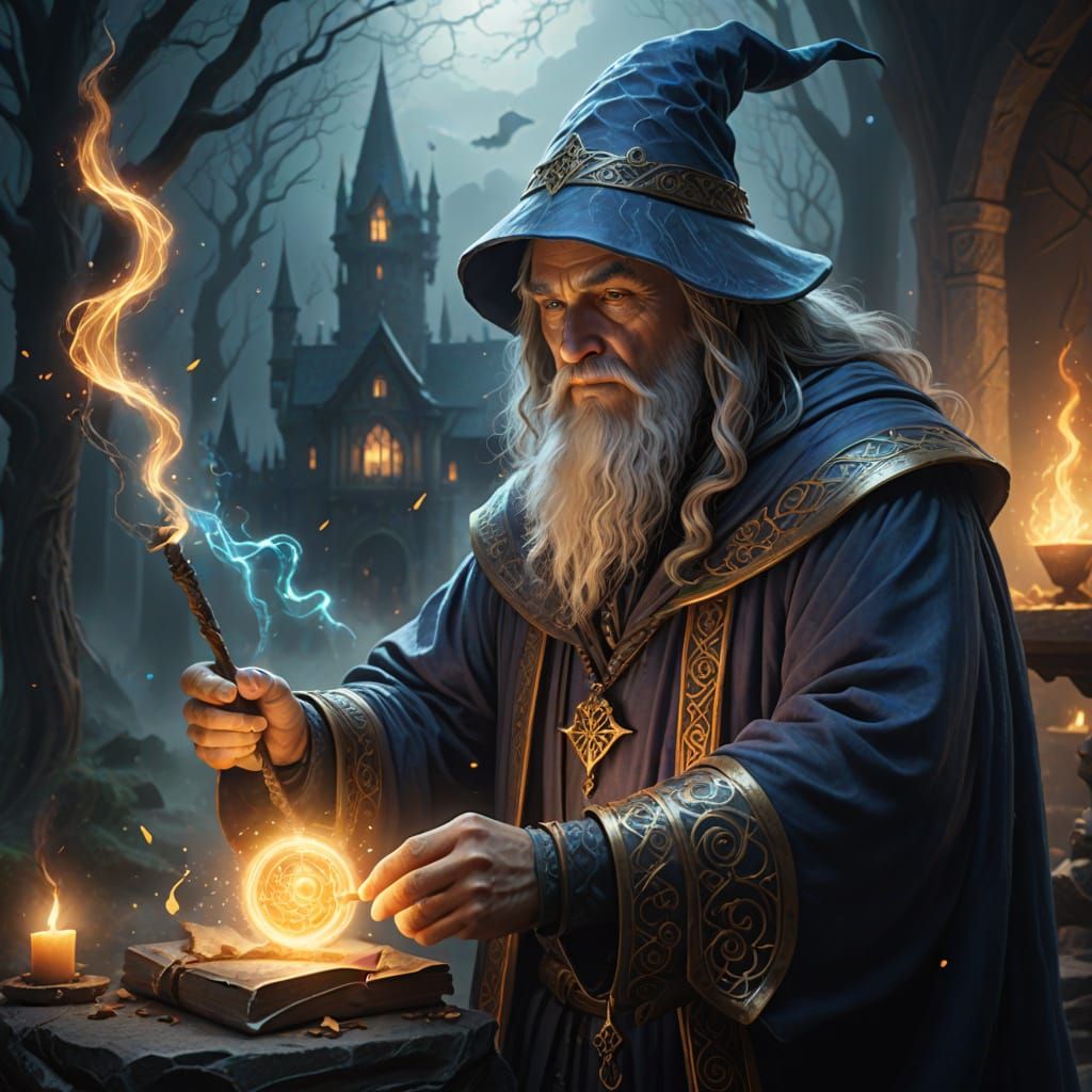 Surreal Wizard Casts Enchanted Spell in Dreamy High Fantasy