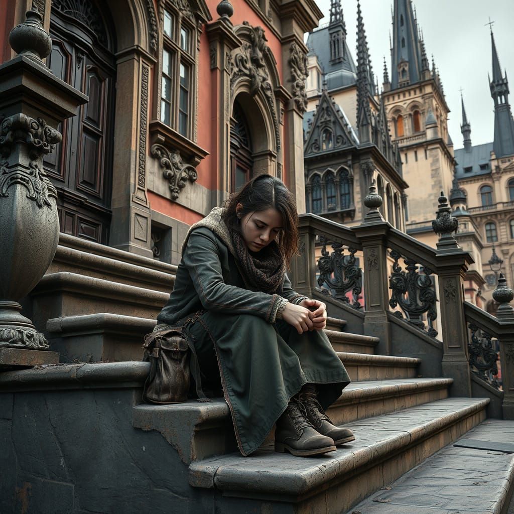 Young Woman on Ornate Prague Steps in Baroque Style