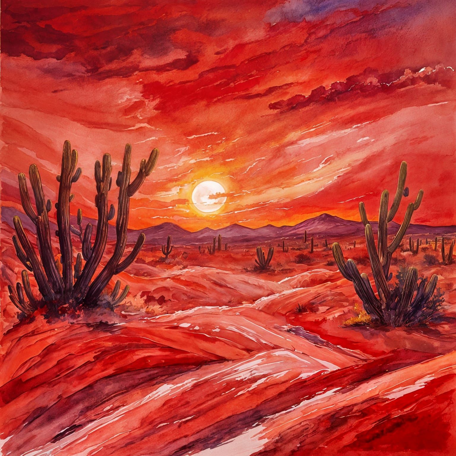 Red Desert Sunset in Impressionist Gouache Style