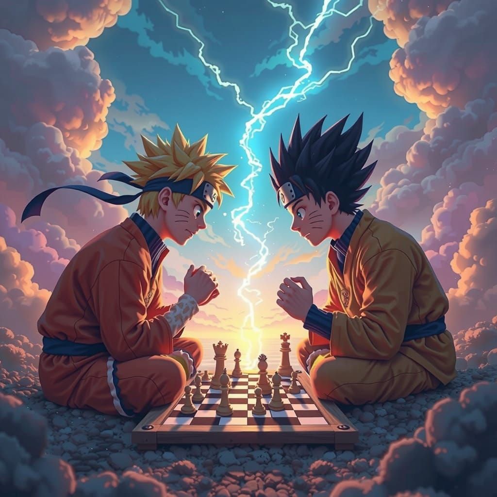 Vibrant Anime Rivals Clash in Intense Chess Battle