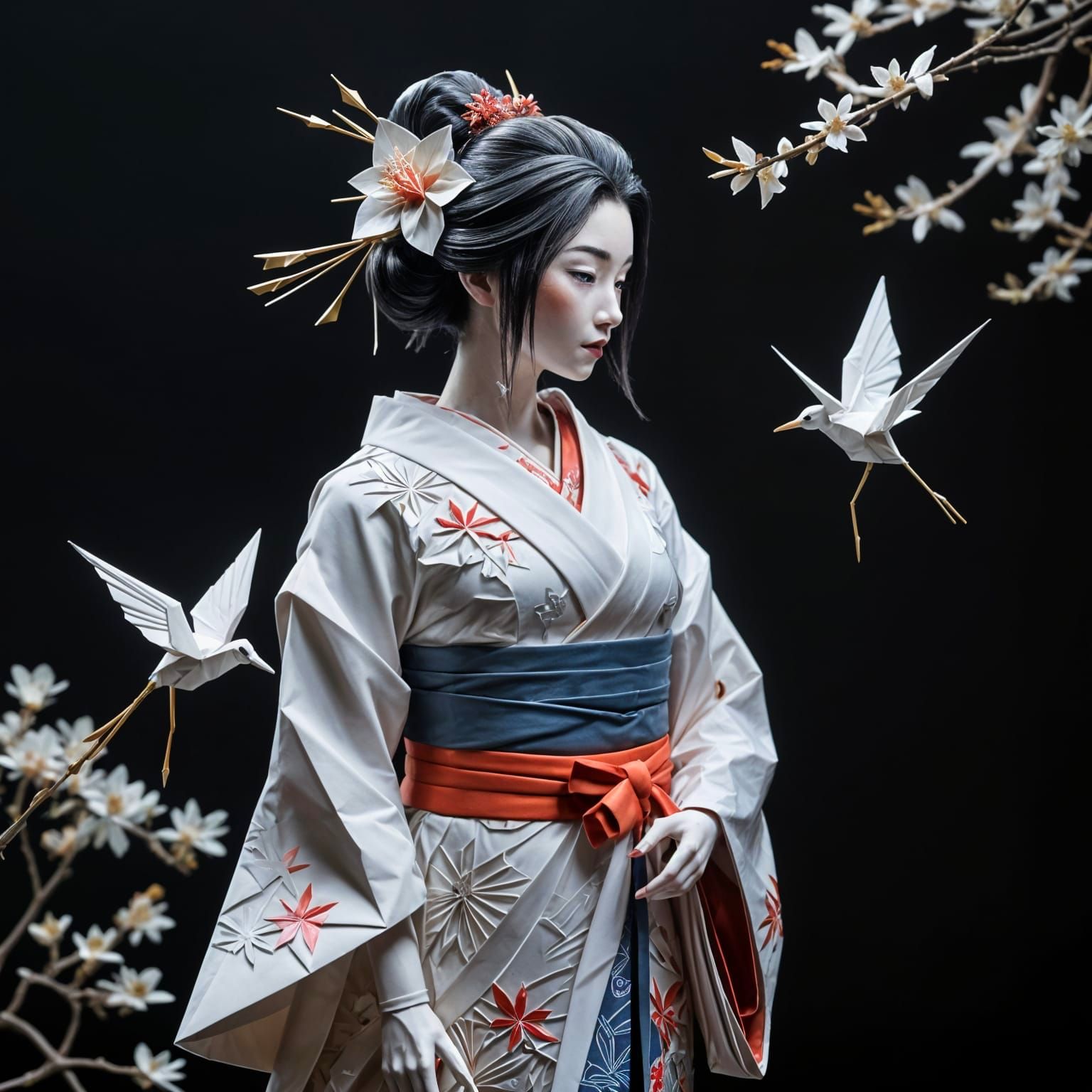 Cute Geisha with Origami Crane Hair