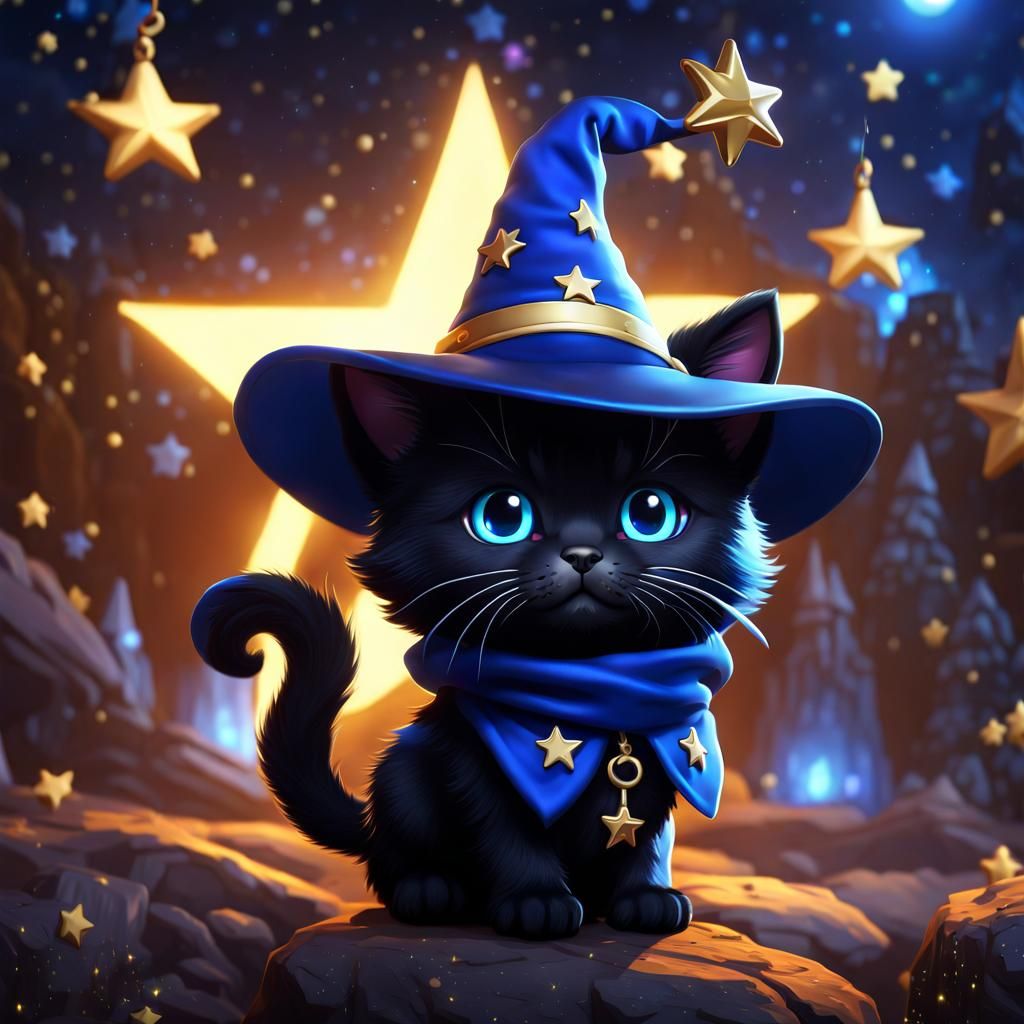 Cute Chibi Black Cat Wizard in Detailed Digital Art