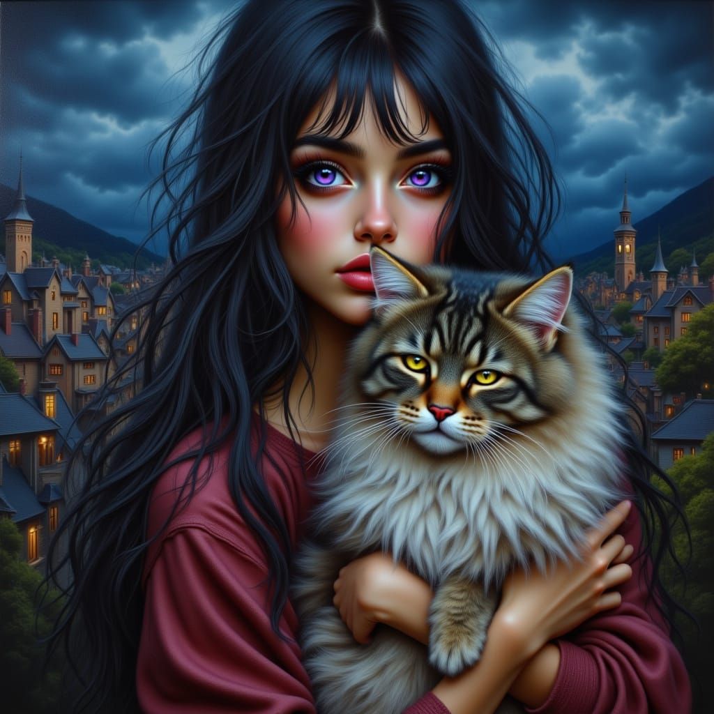 Girl With Purple Eyes And Fluffy Cat Oil Painting