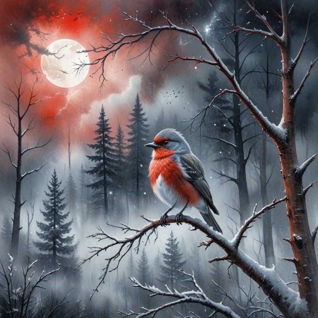Watercolor Forest Landscape with Bird in Moonlight