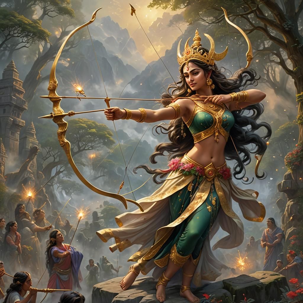 Goddess Durga shooting golden bow and arrow at egoic structures