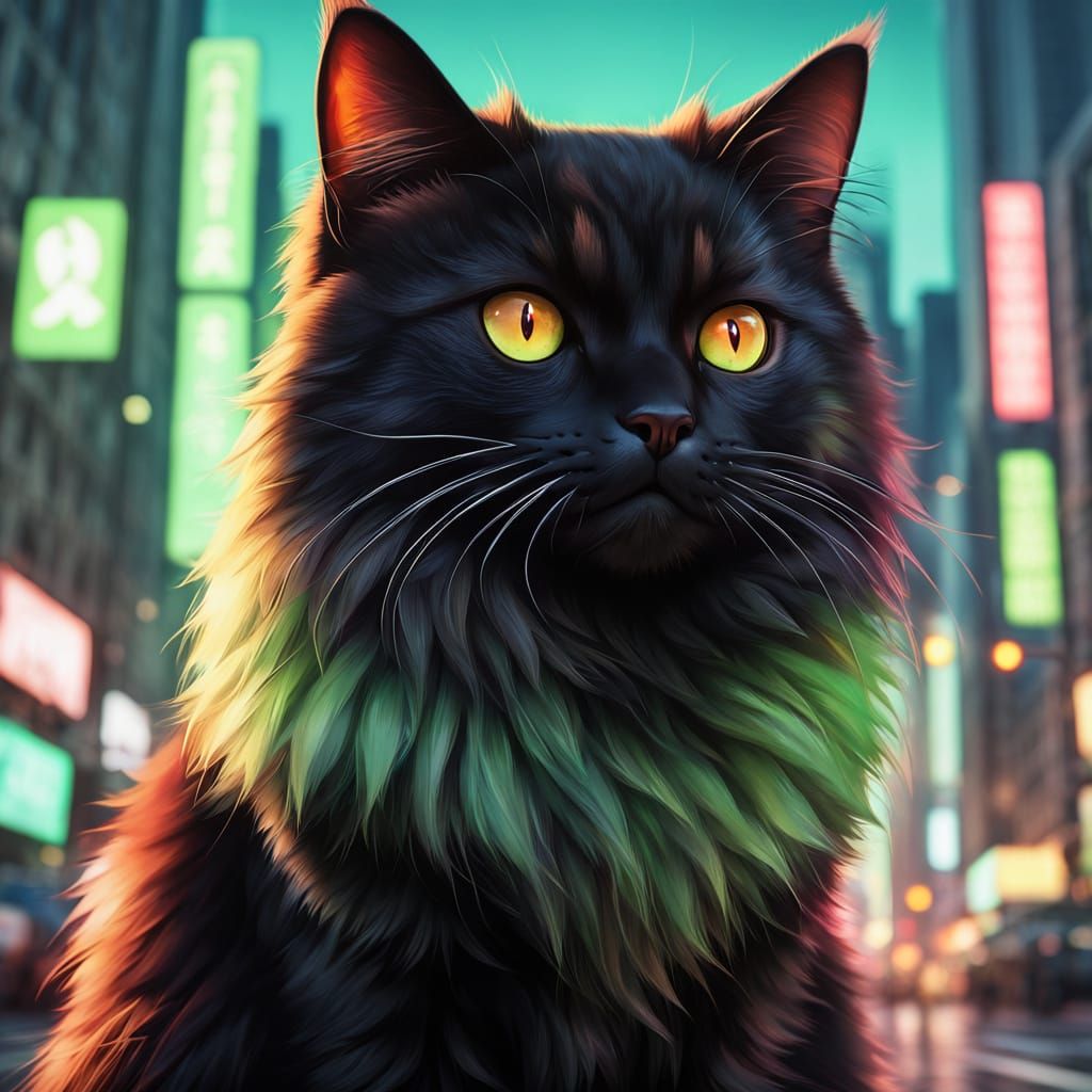 Anime Cat in City with Neon Gradient