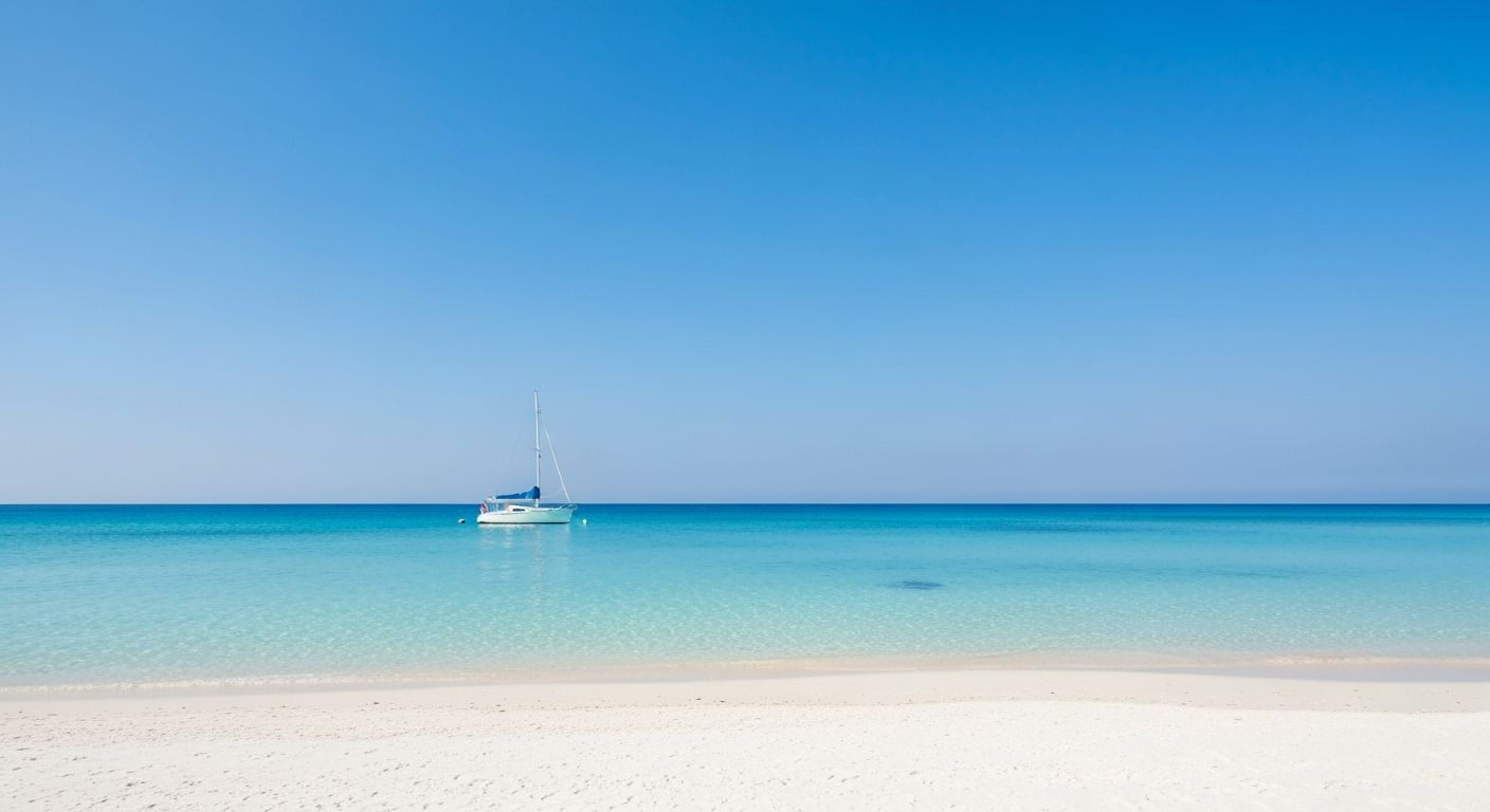 Serene Sailboat Approaching Pristine Beach