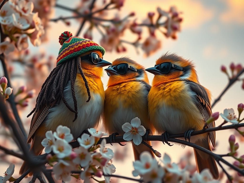 Vibrant Birds in a Whimsical Tree Scene, Pixel Art Style