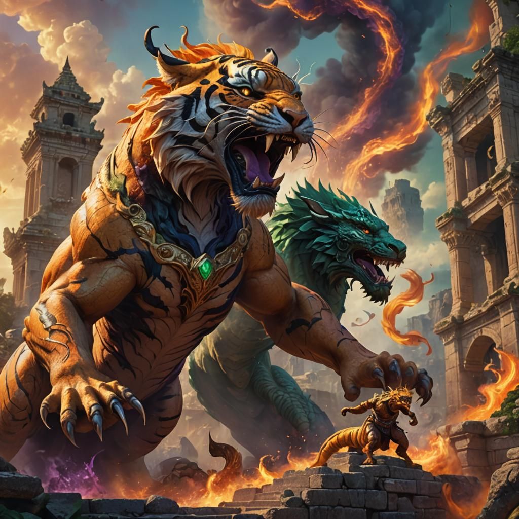 Tiger and Dragon Battle in Mystical Ruins