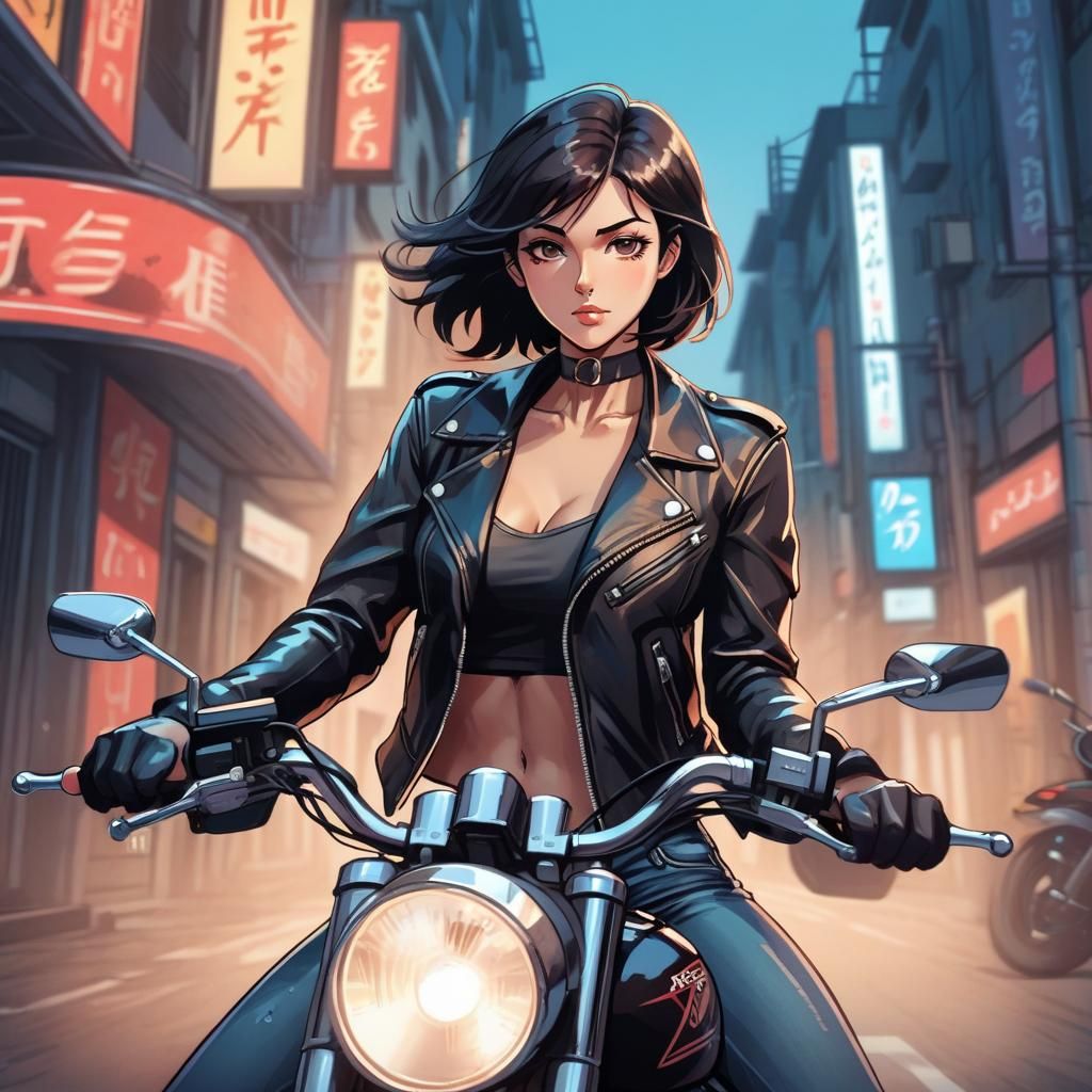 Alluring Biker Woman in Anime Style