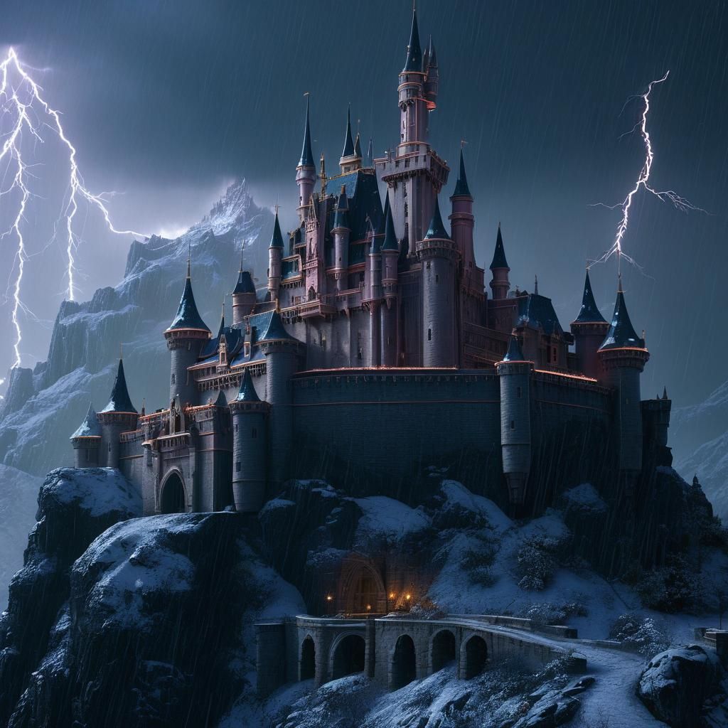 Disney-esque Fantasy Castle in Snowy Mountain Lightning
