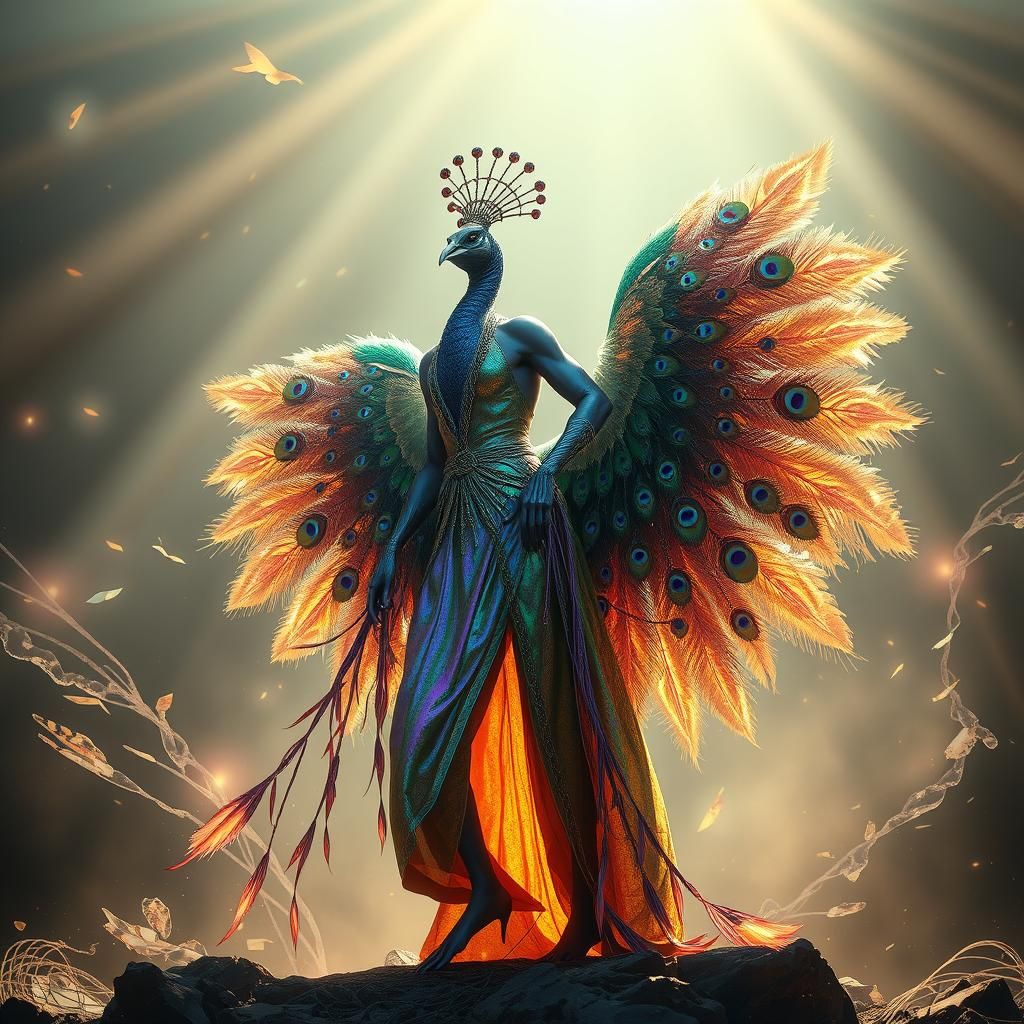 Humanoid Peacock Hybrid in Mystical Realm
