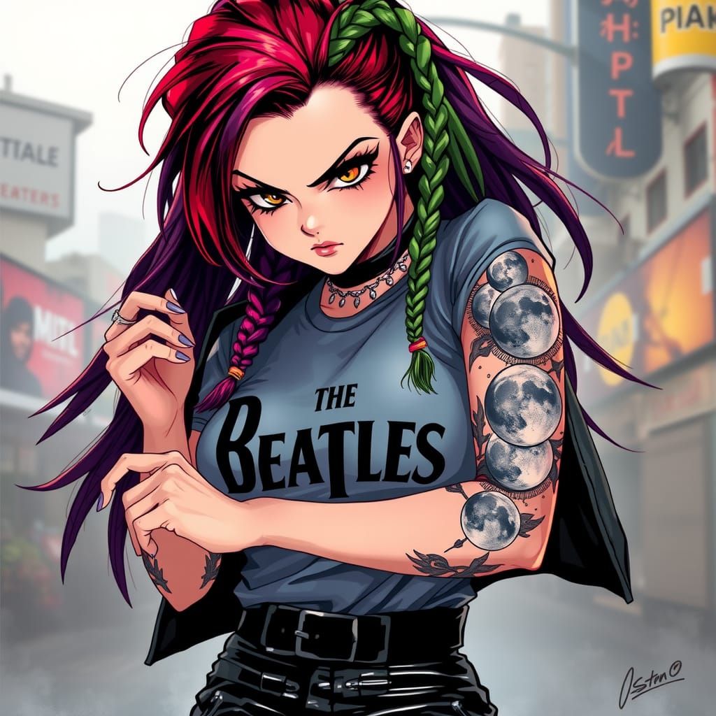 Anime Woman with Braided Hair and Moon Tattoo