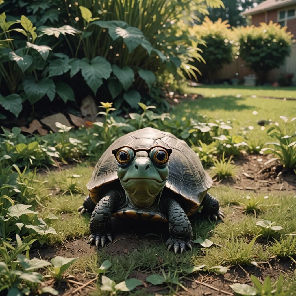 Turtle with Big Eyes in Backyard, Cinematic Style
