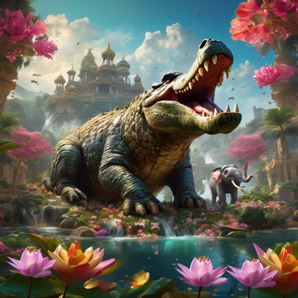 Crocodile Attacks Elephant in Lotus Garden
