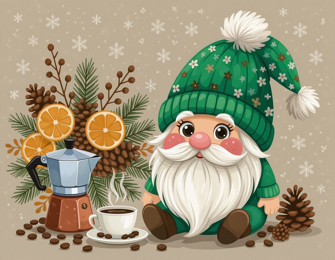 Cozy Gnome Enjoying Coffee by Fireside
